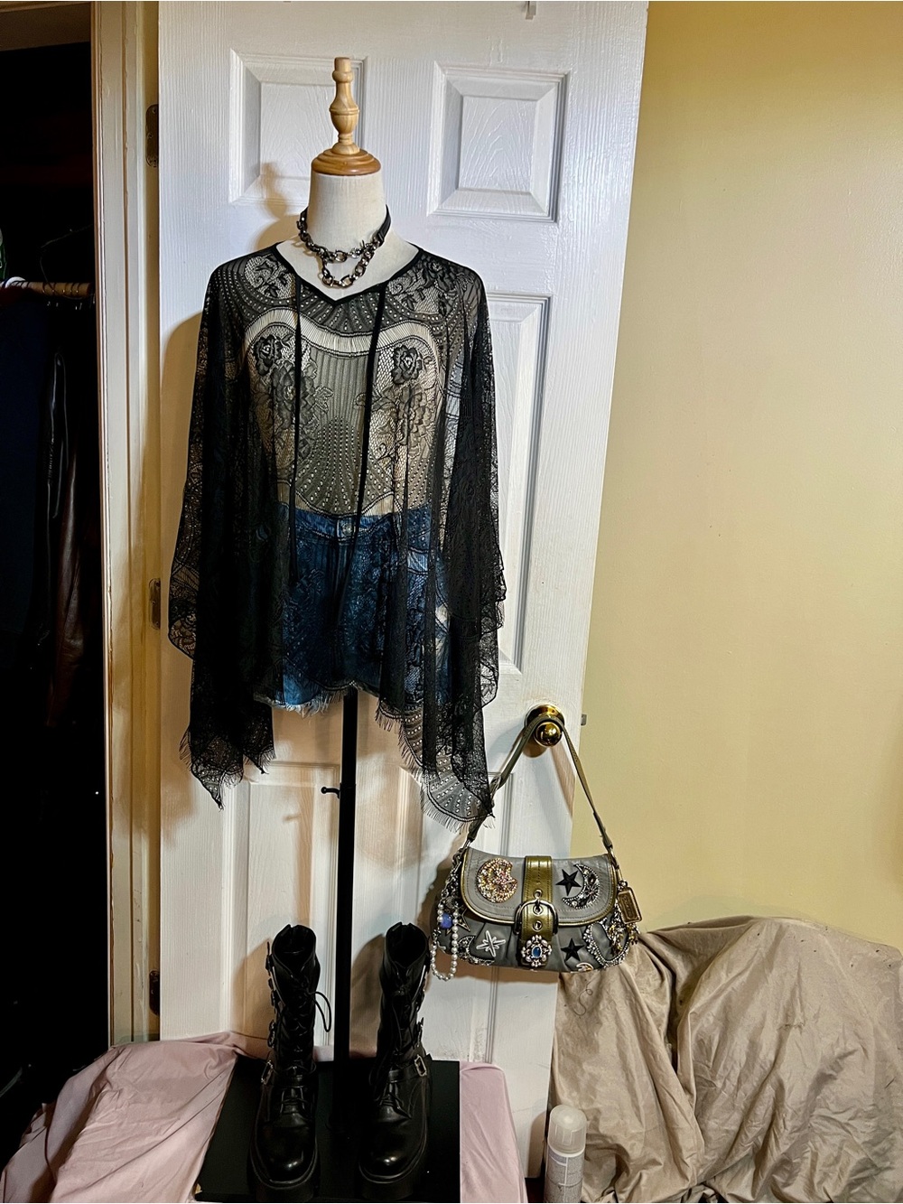 Lace Sheer Floral Cutout Fringe Split Sleeve Tie Gothic Witchy Poncho Top OSFM